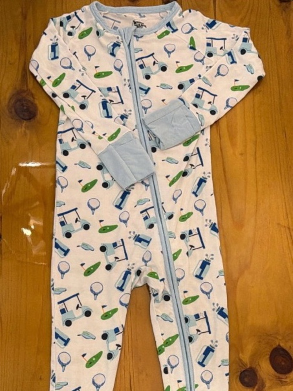 Baby One-Piece Footie Pajamas in White with Blue & Green Golf Print